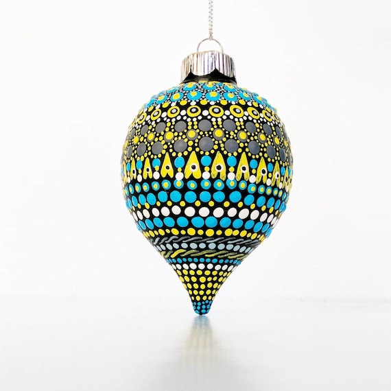 Ornament: Hand painted shatterproof Ornament dot Painting yellow and blue