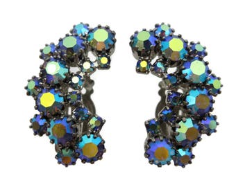 Blue AB Rhinestone Clip Earrings - 1950s Costume Jewelry Climbers
