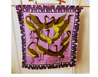 Vintage Scarf Purple Birds cotton Hand Blocked Thailand Hippie Boho