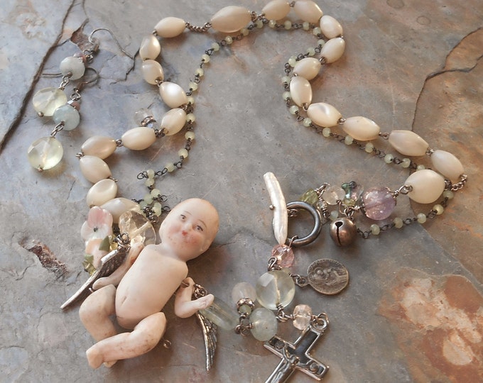 Be My Little Baby Antique Doll Antique MOP Rosary Gemstones Necklace