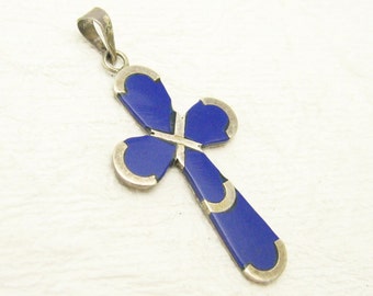 Sterling Blue Cross Pendant Vintage Jewelry C7014