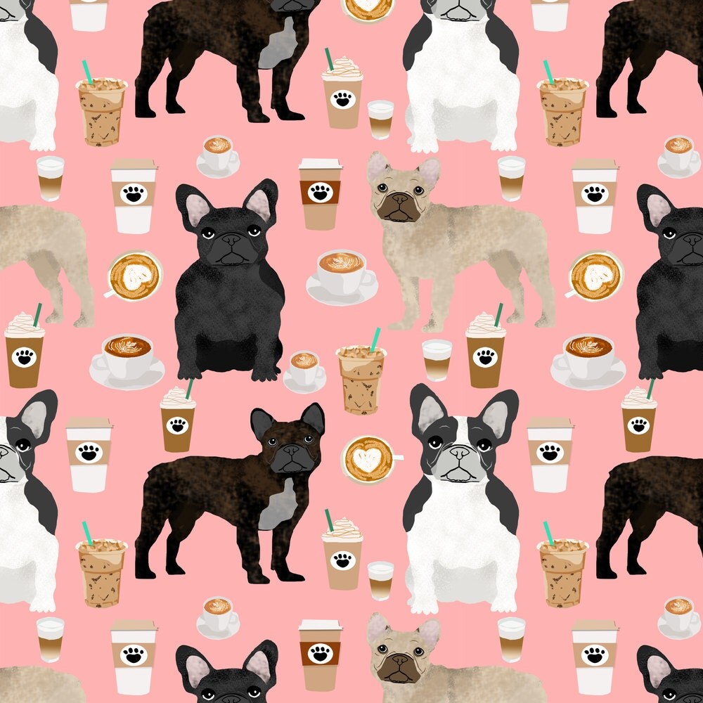 Frenchie Fabric French Bulldogs & Coffee Fabric By