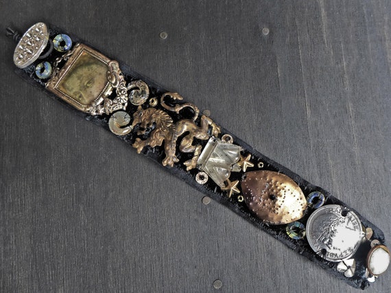 Antique fabric wrist cuff bracelet with coin, button embellishments - “Dowager of Bounty”