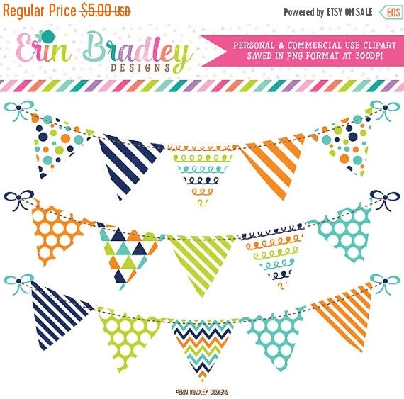 70% OFF SALE Clipart Bunting Flags in Navy Blue Orange & Green