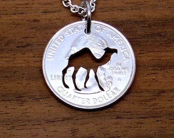 Camel Necklace, Camel Pendant, Pendant Necklace, Camel Key Chain, Key Ring, Dromedary Pendant, Coin Art, Hump Day, Cut Coin