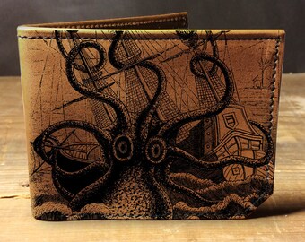 leather wallet - mens wallet - octopus attacks wallet - 001