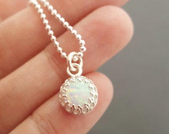 Opal Necklace tiny 8 mm man-made opal pendant jewellery gift for mum sterling silver necklace october birthstone jewelry