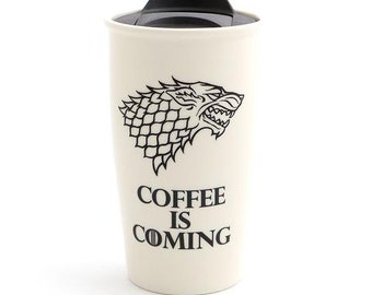 Game of Thrones travel mug, Direwolf , coffee is coming , gift for him , large travel mug , GOT fan art , ceramic travel mug