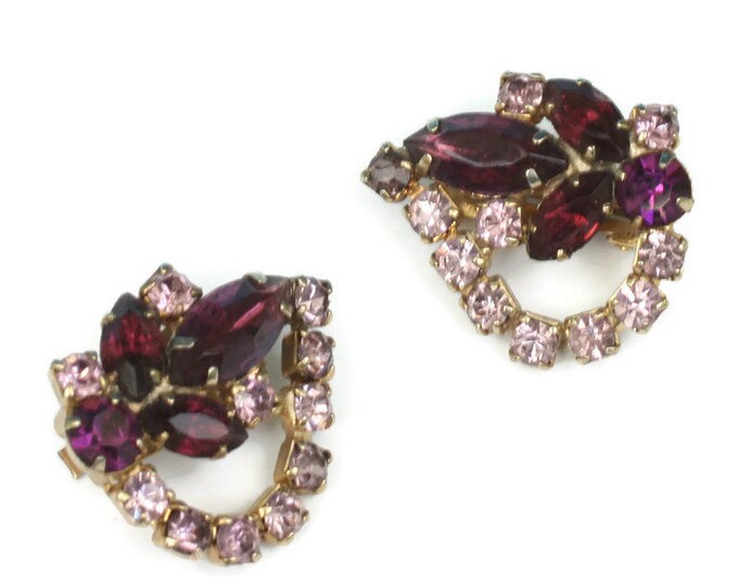 Lavender and Purple Rhinestone Earrings Clip On Vintage