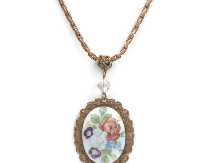 Floral Porcelain Transfer Pendant Necklace Floral Brass Setting Czech Vintage