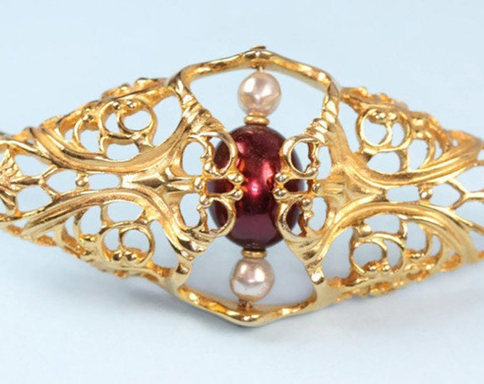 Large Faux Pearl Filigree Brooch Napier Diamond Shaped Burgundy Pearl Book Piece 1985 Worldly Temptations