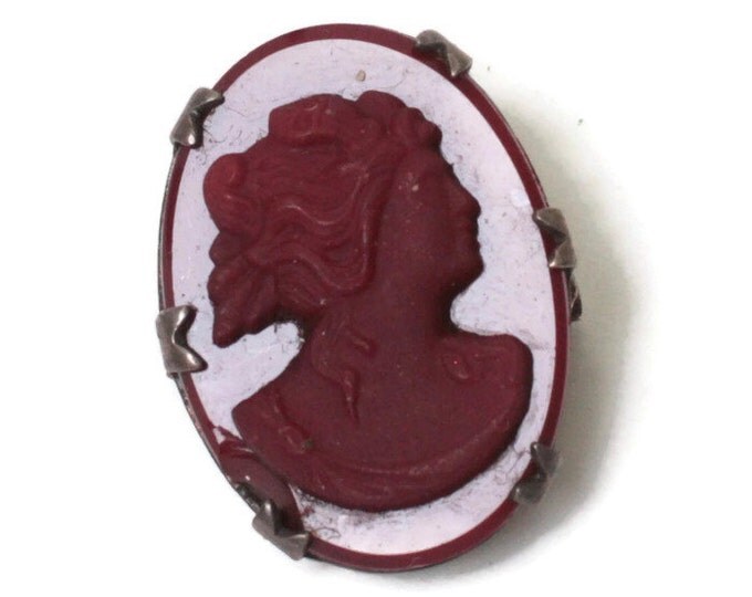 Red Glass Cameo Pin Sterling Setting 1920s 1930s