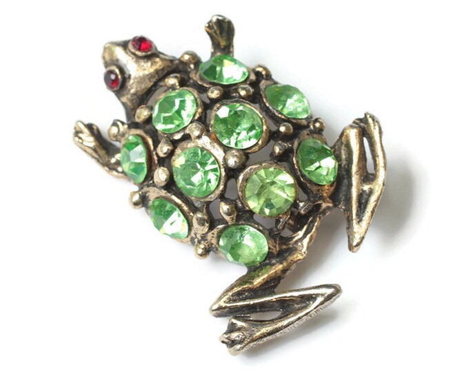 Green Rhinestone Frog Brooch Gold Tone Figural Vintage