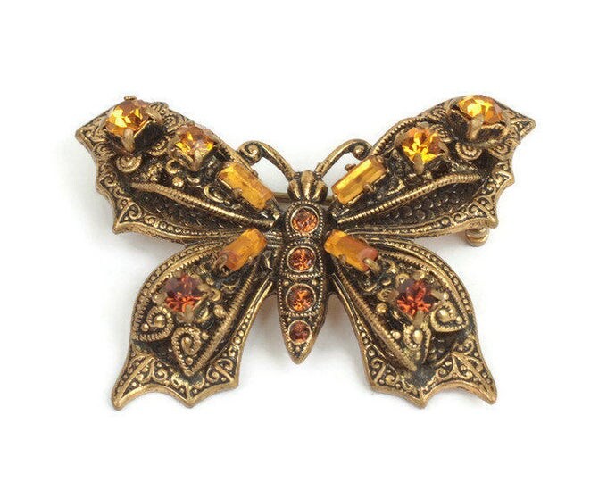 Topaz Rhinestone Butterfly Brooch Pin Vintage Insect Jewelry Germany
