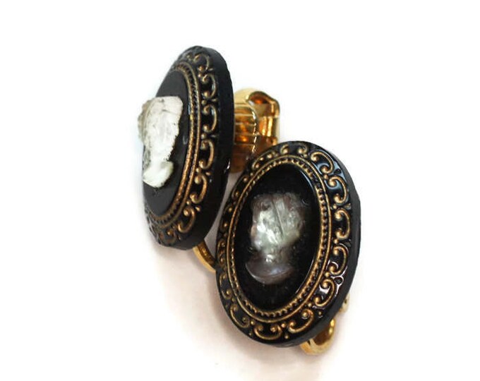 CIJ Sale Cameo Earrings Lucite on Black Ovals Gold Trim Clip Earrings