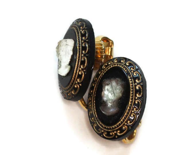 CIJ Sale Cameo Earrings Lucite on Black Ovals Gold Trim Clip Earrings