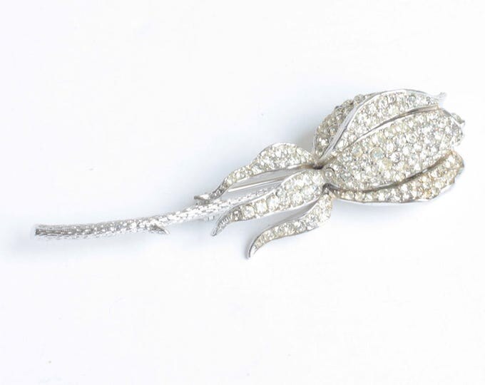 Rhinestone Rosebud Brooch CoroCraft Pave Set Stones Vintage Gift Bride Mom