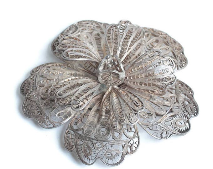 Sterling Silver Filigree Flower Brooch Mexico Dimensional Design Vintage