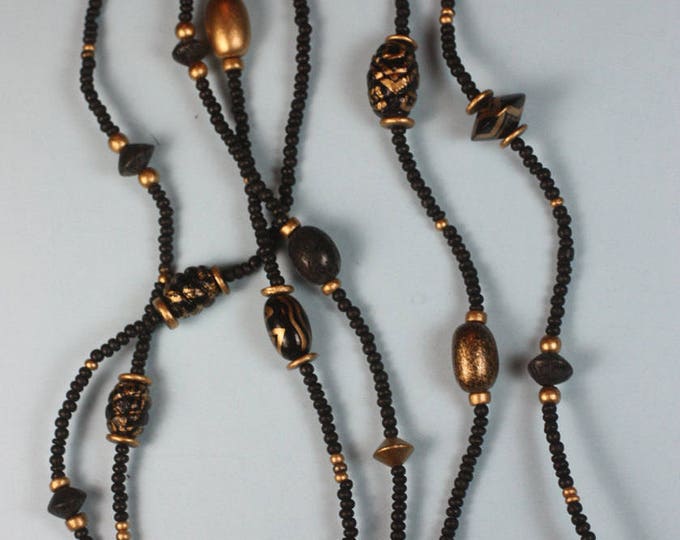 Black Bead Necklace Gold Painted Wooden Beads 60 Inch Long Boho Bohemian Vintage