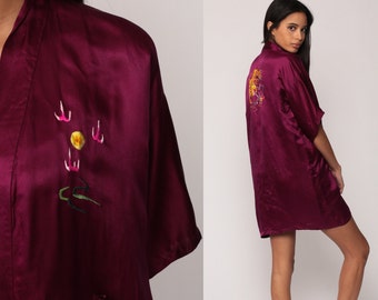 Asian Kimono Robe Jacket SATIN Robe DRAGON Robe Embroidered Dressing Gown 90s Purple Bohemian Wrap Vintage Boho Hippie Small Medium