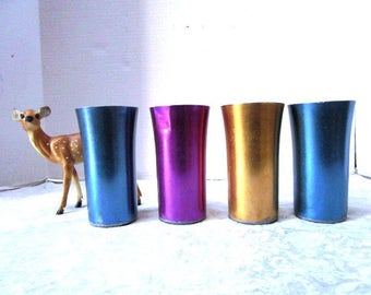 Vintage Aluminum Tumblers, 4 Glasses, Bascal, Shabby Cottage Chic, Retro Drinking Glasses, 1940s 1950s, Shiny, Blue Gold Purple, USA, Kids