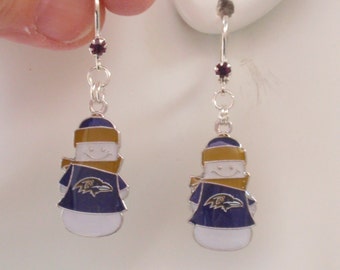 Baltimore Ravens Earrings, Ravens Jewelry, Purple Crystal Leverback Snowman Earrings, Pro Football Ravens Bling Accessory, Christmas
