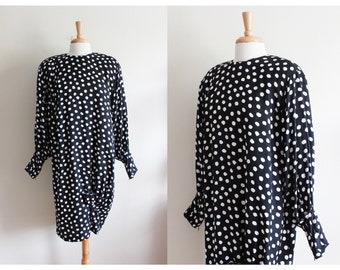 Vintage 1980s Black Polka Dot Silk Dress