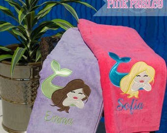 Mermaid Applique Beach Towel | Personalized Kids Beach Towel | Girl Beach Towel | Monogram Towel