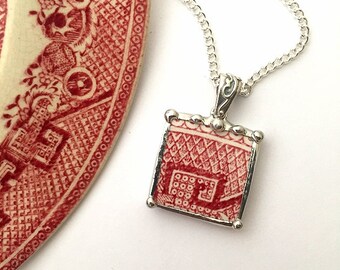 Broken china jewelry - necklace pendant - antique red pink willow broken china jewelry