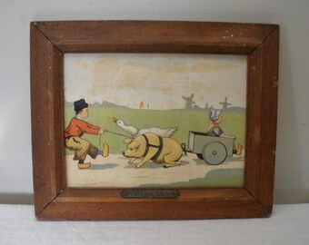 Vintage Framed Dutch Boy & Girl Partnership Pig Goose Print