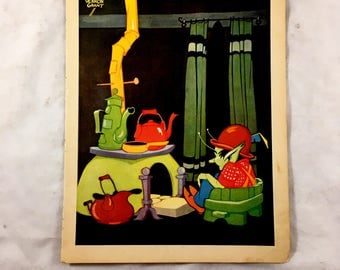Antique Elf Print. 1930s Children's Book. Tinker Tim. Vernon Grant. Pixie, Elf House. Whimsical, Fantasy Book Page to Frame. Ephemera