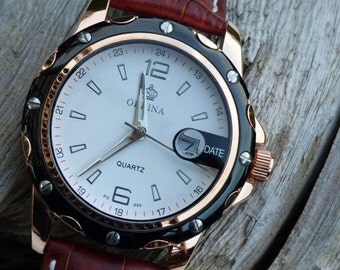 Luxury Black and Copper Wrist Watch - Brown Leather Wristband - Precision Quartz Watch - Steampunk - Men - Watch - Item QWA016