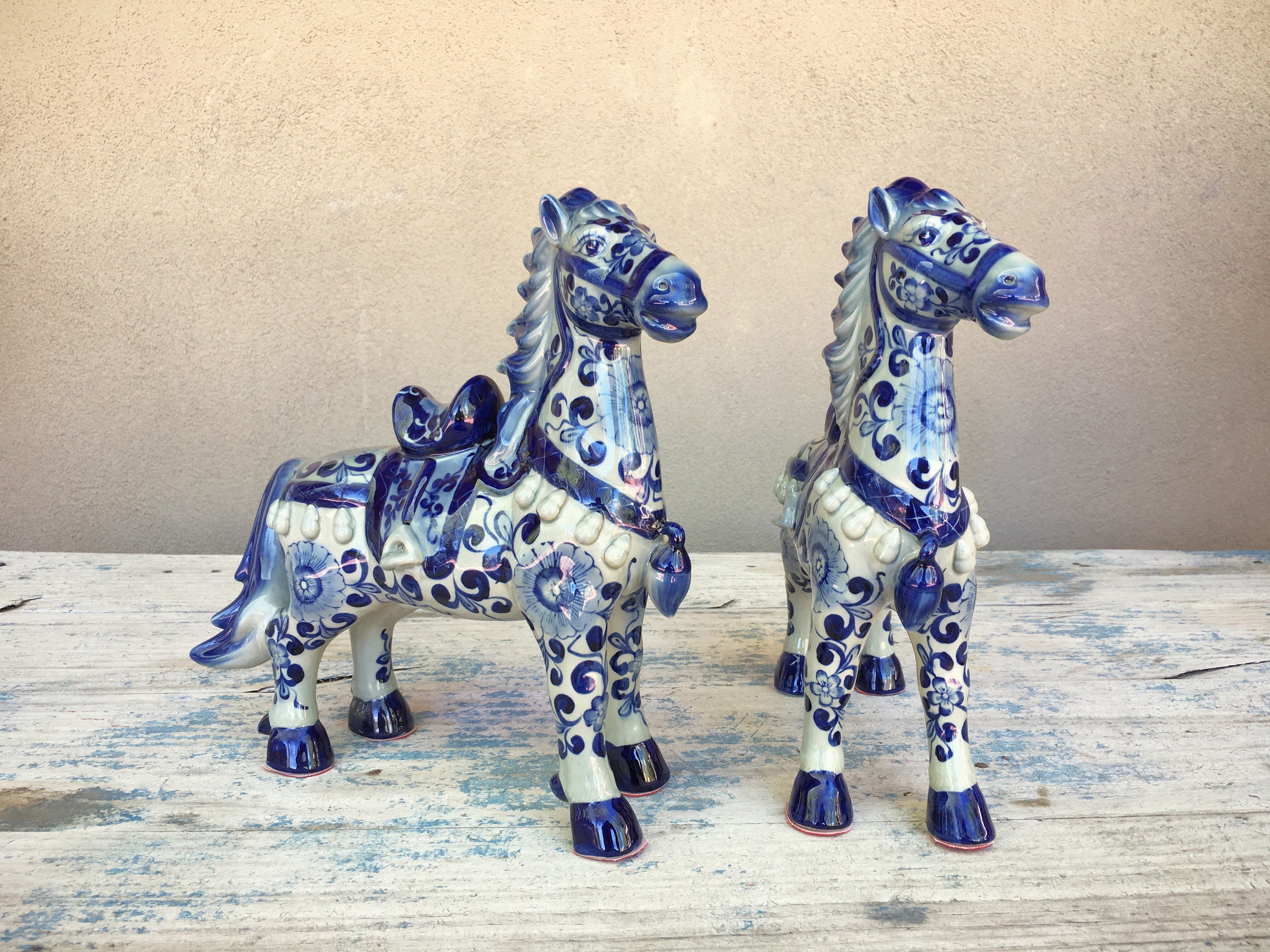 chinese ceramic blue horse bookends