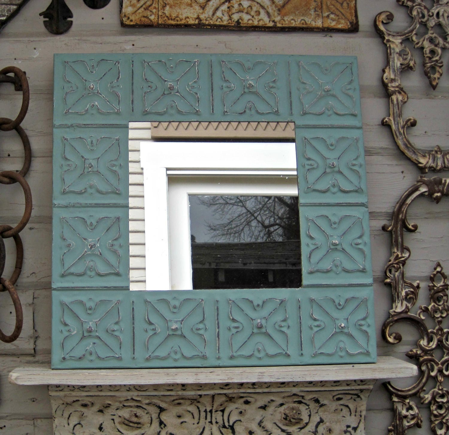 Tin Ceiling Tile Mirror. Framed ceiling tin. Turquoise Aqua