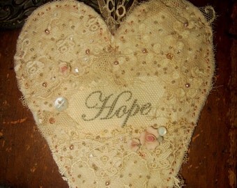 Vintage Lace Cotton Batting Embellished Heart Ornament Hope