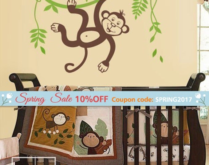 Monkey and Branch Wall Decal, Jungle Monkey Wall Decal, Jungle Monkey Swinging on a Vine and Cute Toucan Wall Sticker for Kids Nursery