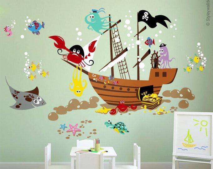 Underwater Wall Decal, Ocean Wall Decal, Pirate Ship Wall Decal, Pirate Fishes Wall Decal, Playroom Wall Decals, Nursery Baby Room Decor