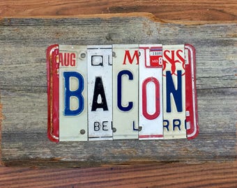 BACON license plate sign tomboyART art recycled upcycled pig BBQ