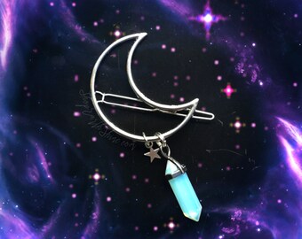 SILVER Moon hair clip, Crystal crescent hair barrette with gemstone danglE, the ORIGINAL Crystal moon hair clip