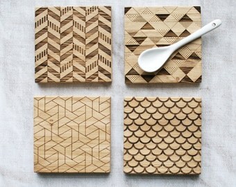 Geometric Coasters | Beautiful Solid Oak | New Home Gift | Anniversary Present | Laser Machined | Engraved Oak | Gifts under 5