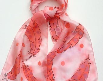 Red Feathers hand painted silk scarf. Silk scarves. Feathers scarf.