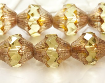 Fire Polished Cathedral Bicone Beads 11x9 mm Pale Lemon with Golden Tops 4 pcs