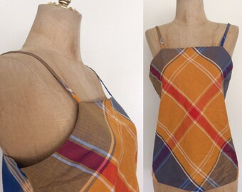 1970's Cotton Blue Red & Yellow Plaid Top Summery Vintage Tank Shirt Size XS by Maeberry Vintage