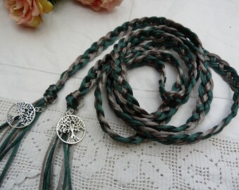 Celtic 8 strand weave satin silky cord - handfasting wedding - greens - silver tree of life