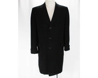 Men's Large Cashmere Coat - Handsome 1950s Black Mens Overcoat - 50s Winter Outerwear - Classic Tailoring - As Is Lining - Chest 46 - 47623