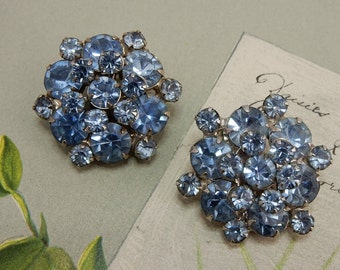 Blue Rhinestone Cluster Clip On Vintage Earrings OA42
