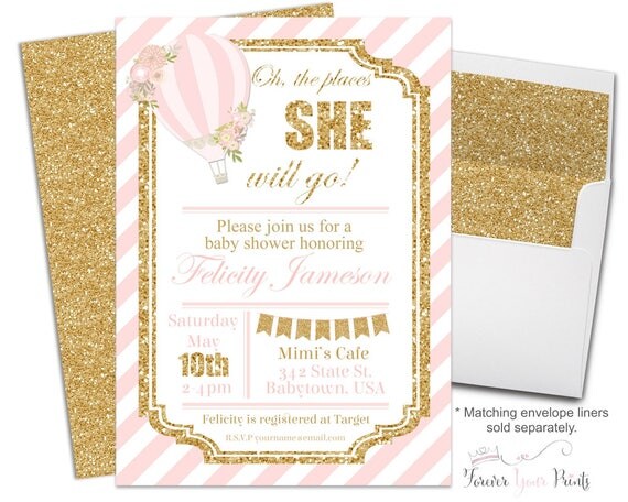Balloon Baby Shower Invitation - Hot Air Balloon Invite - Baby Shower Invitation Girl - Baby Girl Invitation - Up Up and Away - Pink & Gold Il_570xn