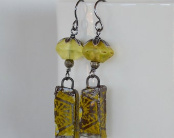 Yellow Earrings, Rustic Bead Earrings, Lemon Yellow Earrings, Grungy Earrings, Primitive Art Bead Earrings, Handmade Artisan Earrings