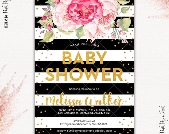 Girl Baby Shower Pink Floral Black and Gold Fabulous Floral Glam Printable Invitation