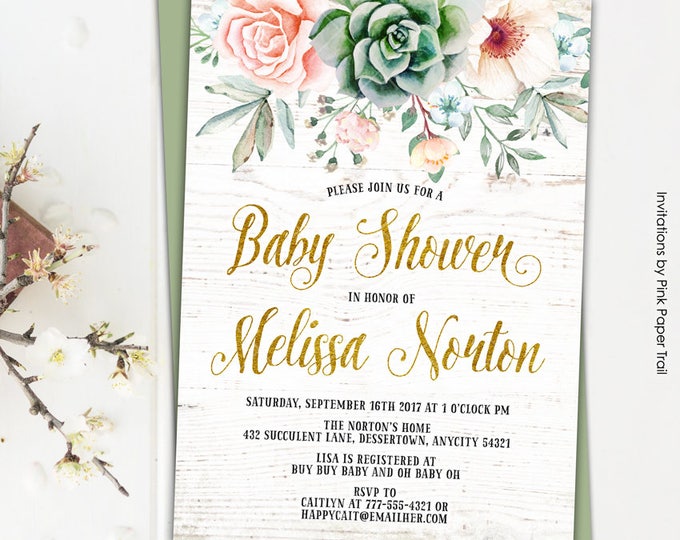 Baby Shower Invitation, Floral Succulent Boho Chic Baby Shower Invitation, Succulents Protea Roses Anemone Rustic Printable Invitation